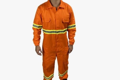 MACACÃO BRIM PESADO LARANJA COM REFLETIVO FECHAMENTO DUPLO